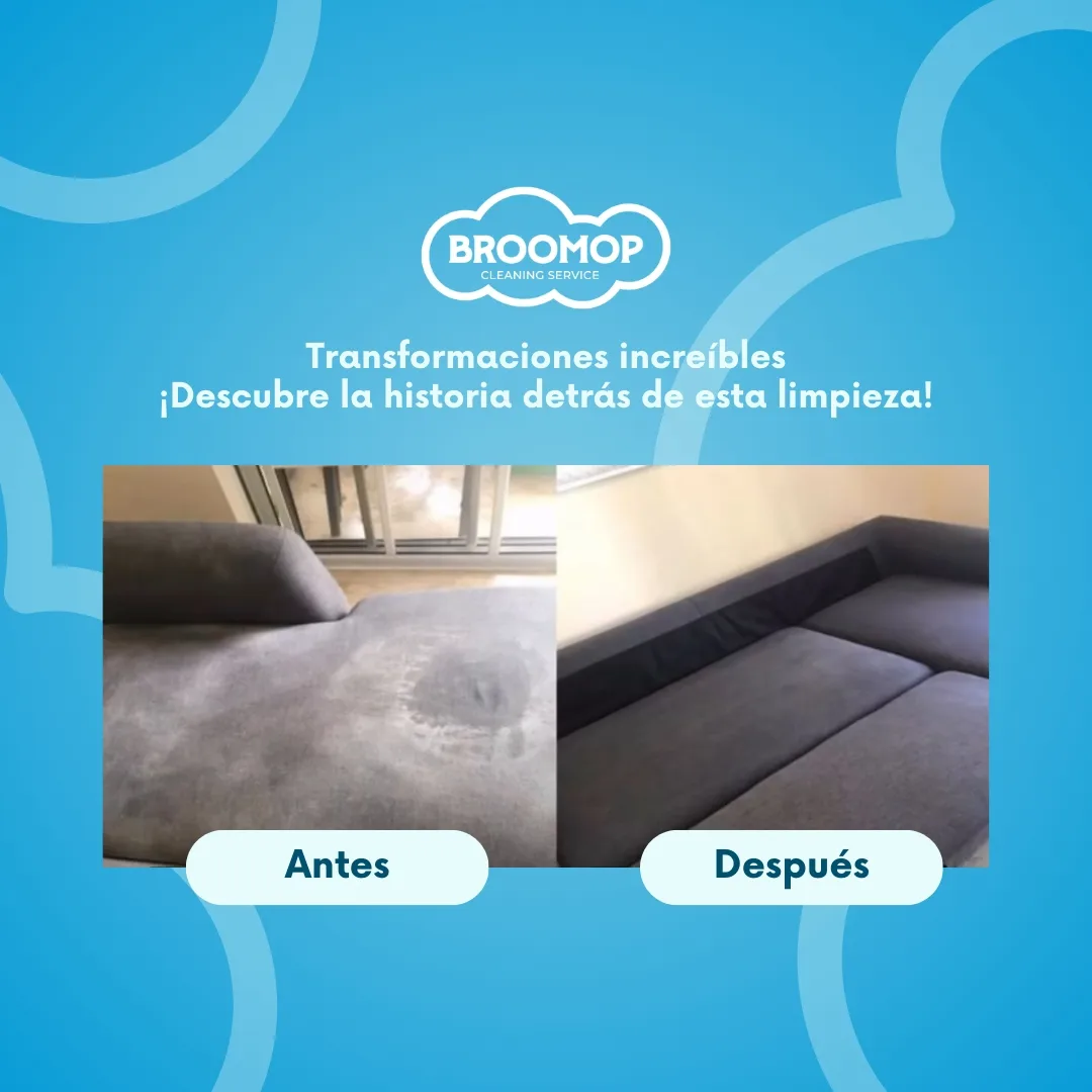 Afiche de Broomop con antes y después de la limpieza de un mueble